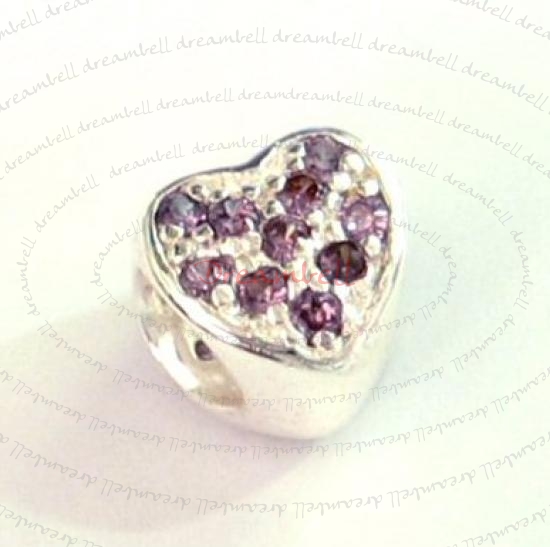 Sterling Silver HEART Bead with Violet CZ crystal for European Charm Bracelets