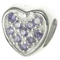 Sterling Silver HEART Bead with Violet CZ crystal for European Charm Bracelets