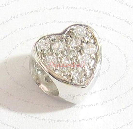 Sterling Silver HEART Love Clear CZ crystal Bead for European charm Bracelet