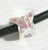 Sterling Silver BUTTERFLY Bead for European Charm Bracelets with Rose Pink CZ crystal