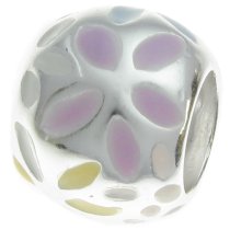 Sterling Silver Pink Flower Enamel Bead Tube for European Charm Bracelets 8.5mm