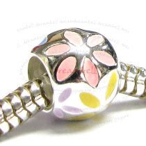 Sterling Silver Pink Flower Enamel Bead Tube for European Charm Bracelets 8.5mm