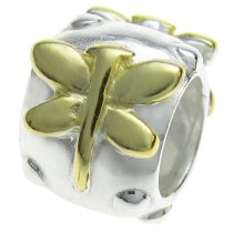 14k Real Gold 925 Sterling Silver DRAGONFLY FLOWER Tube Bead for European Charm Bracelets