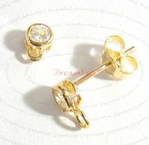 2x Vermeil 14K Gold plated over Sterling silver CZ Crystal Stud earring loop post