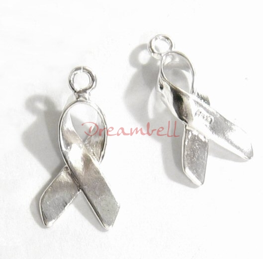 1x Bright Sterling silver RIBBON Breast Cancer dangle Charm 17mm