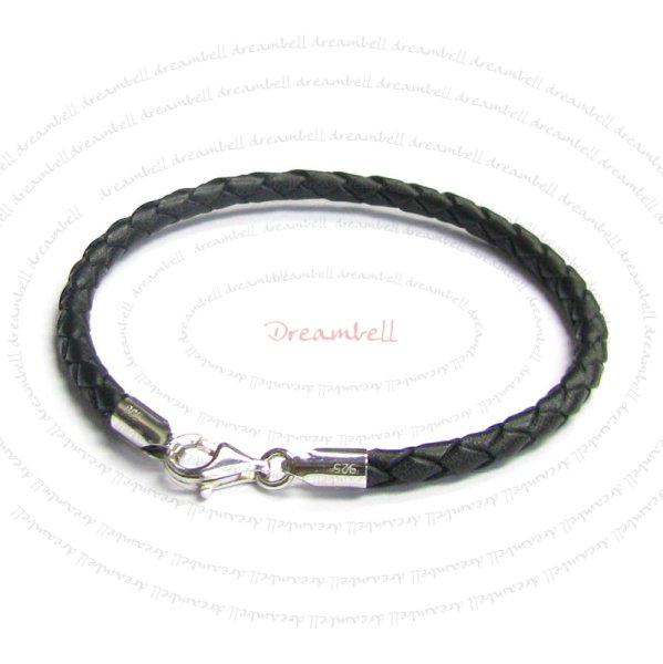1x Sterling Silver Black Braided Bolo leather cord 3mm BRACELET for European bead charms 6"
