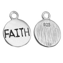 2x Bright Sterling silver LITTLE ROUND dangle Charm ″FAITH″ 9.5mm