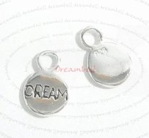 2x Bright Sterling silver LITTLE ROUND dangle Charm ″DREAM″ 10.6mm
