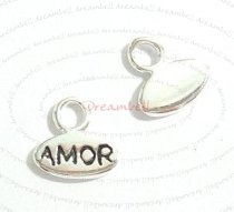 2x Bright Sterling silver LITTLE ROUND dangle Charm ″AMOR″ 8.2mm