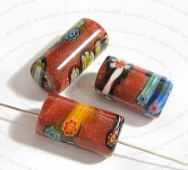 2x Murano Flower Lampwork Glass ROUND CYLINDER bead Gold stone 8x15mm