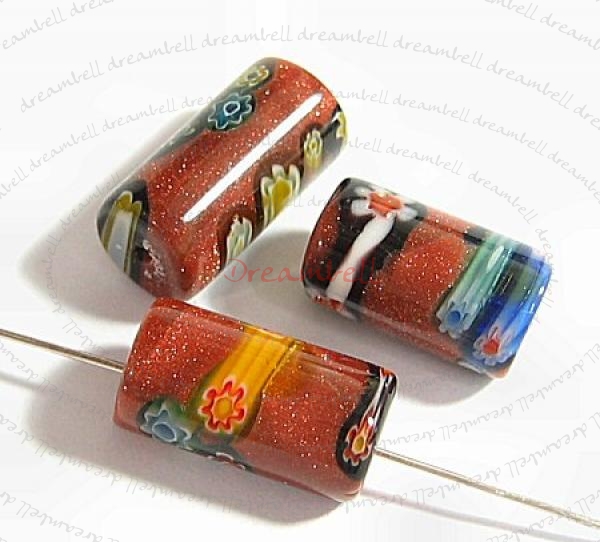 2x Murano Flower Lampwork Glass ROUND CYLINDER bead Gold stone 8x15mm