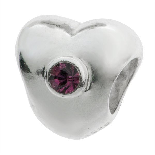 Sterling Silver Puff Heart Amethyst Cz Crystal for European Charm Bracelets Bead 10.6mm