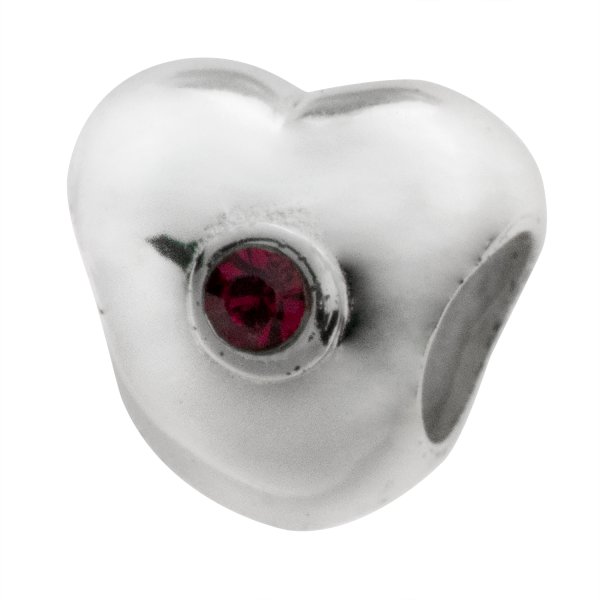Sterling Silver Puff Heart Ruby Cz Crystal for European Charm Bracelets Bead 10.6mm
