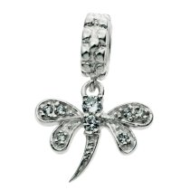 Sterling Silver Dragonfly CZ Crystal Dangle Bead for European Charm Bracelets