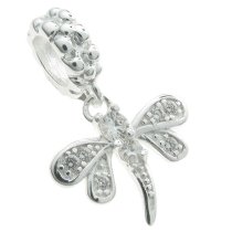 Sterling Silver Dragonfly CZ Crystal Dangle Bead for European Charm Bracelets