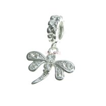 Sterling Silver Dragonfly CZ Crystal Dangle Bead for European Charm Bracelets