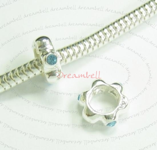 Sterling Silver ROUND Rondelle RING Bead Aquamarine CZ crystals for European Charm Bracelets