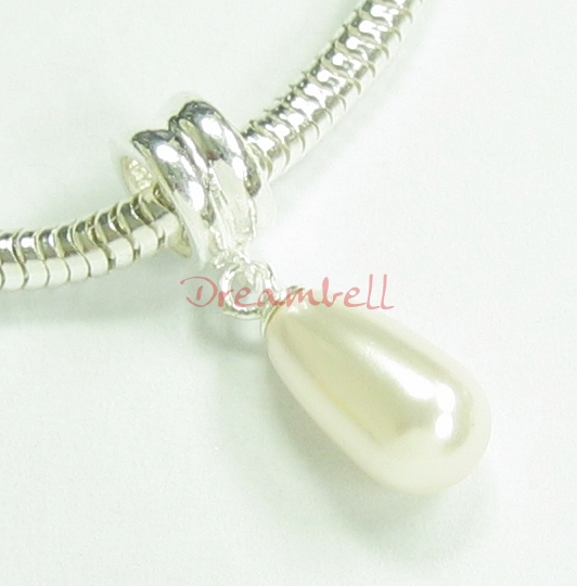 1x Sterling Silver White Pearl Pendant Bead for European Charm Bracelets Using Swarovski Elements Crystal Pearl