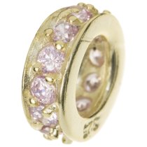 Gold 925 Sterling Silver ROUND RING Bead w/ Pink Rose CZ crystals for European Charm Bracelets