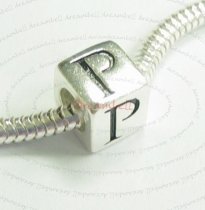 Sterling Silver Dice Cube Letter P" Bead Tube for European Charm Bracelets