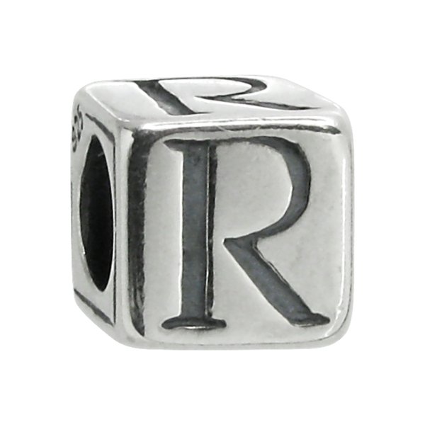 Sterling Silver Dice Cube ALPHABET Letter R Bead Tube for European Charm Bracelets