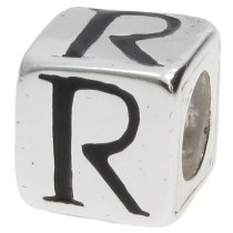 Sterling Silver Dice Cube ALPHABET Letter R Bead Tube for European Charm Bracelets