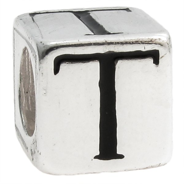 Sterling Silver Dice Cube Letter T" Bead Tube for European Charm Bracelets