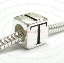 Sterling Silver Dice Cube Letter T" Bead Tube for European Charm Bracelets