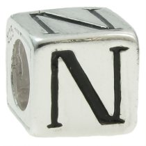 Sterling Silver Dice Cube Letter N" Bead Tube for European Charm Bracelets