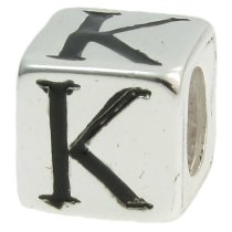 Sterling Silver Dice Cube Letter K" Bead Tube for European Charm Bracelets