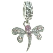 Sterling Silver Dragonfly CZ Rose Crystal Dangle Bead for European Charm Bracelets