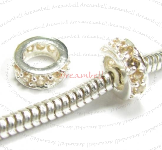 Sterling Silver ROUND RING Bead Topaz CZ crystals for European Charm Bracelets