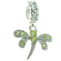 Sterling Silver Dragonfly CZ Peridot Crystal Dangle Bead for European Charm Bracelets