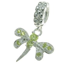 Sterling Silver Dragonfly CZ Peridot Crystal Dangle Bead for European Charm Bracelets