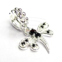 Sterling Silver Dragonfly CZ Jet Black Crystal Dangle Bead for European Charm Bracelets