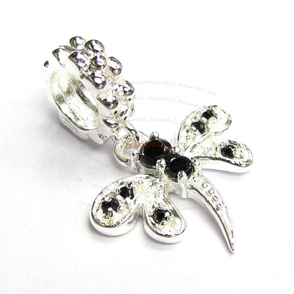 Sterling Silver Dragonfly CZ Jet Black Crystal Dangle Bead for European Charm Bracelets