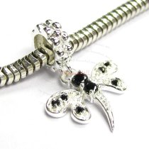 Sterling Silver Dragonfly CZ Jet Black Crystal Dangle Bead for European Charm Bracelets