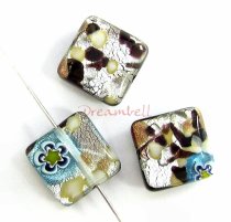 2x Murano Flower Lampwork FOIL GLASS square bead Gold stone 12mm