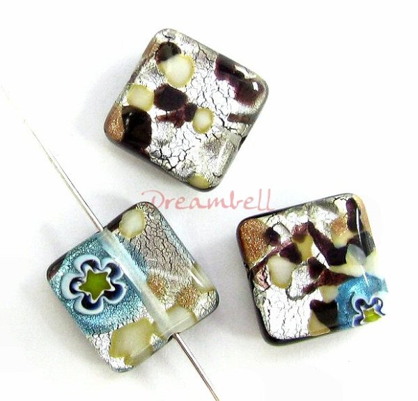 2x Murano Flower Lampwork FOIL GLASS square bead Gold stone 12mm