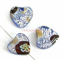 2x Fused Murano Flower Lampwork FOIL GLASS HEART bead Gold stone 12mm