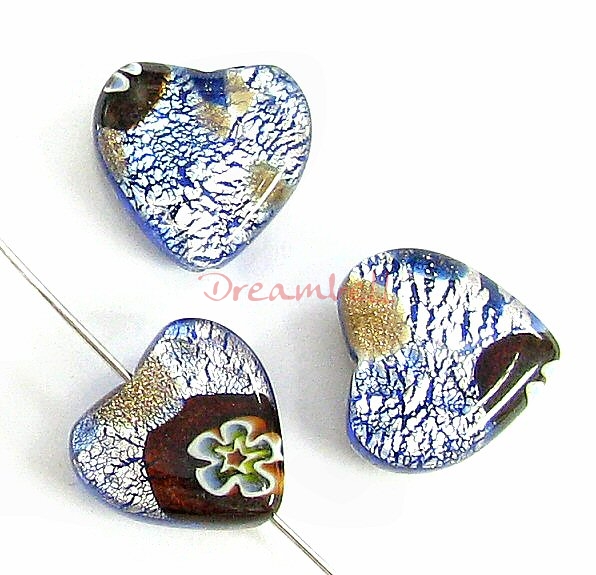 2x Fused Murano Flower Lampwork FOIL GLASS HEART bead Gold stone 12mm