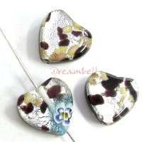 2x Fused Murano Flower Lampwork FOIL GLASS HEART bead Gold stone BLACK 12mm