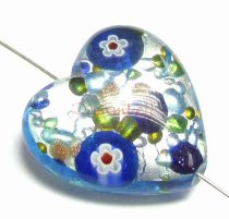 Fused Murano Flower Lampwork FOIL GLASS HEART bead Gold stone 22mm