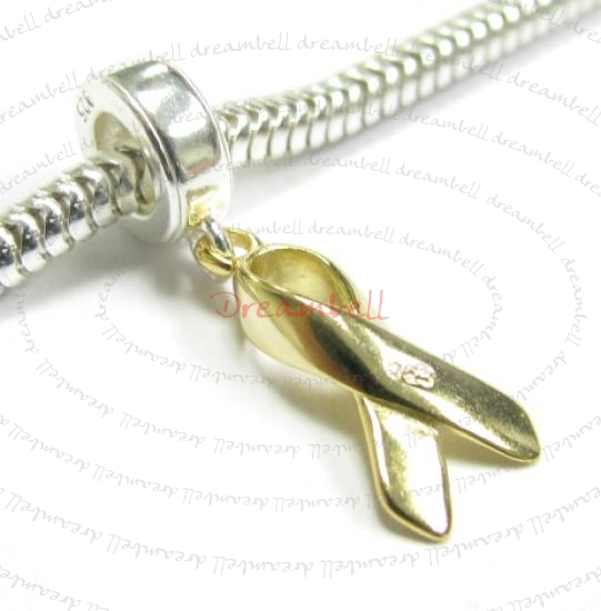 14K Gold Plated 925 Sterling Silver RIBBON Breast Cancer Dangle Charm for European Charm Bracelets