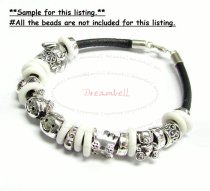 1x Sterling Silver Black leather cord 3mm BRACELET for European bead charms 6.5"