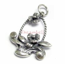 1x Sterling Silver Flower Basket Dangle Charm Pendant 26mm