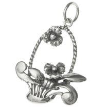 1x Sterling Silver Flower Basket Dangle Charm Pendant 26mm