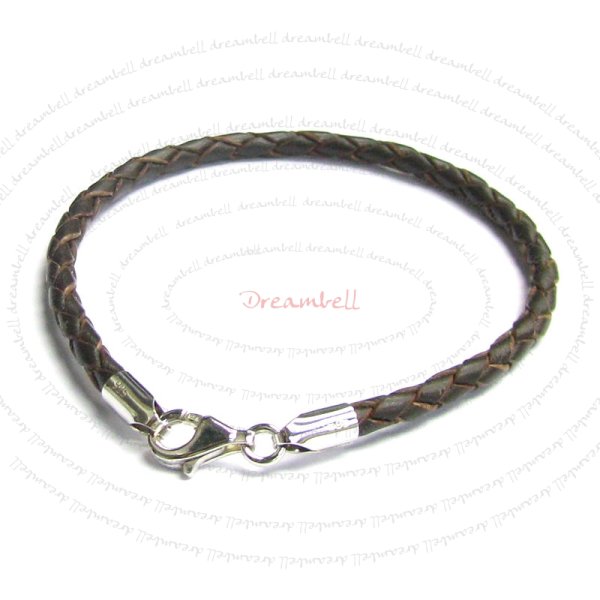 1x Sterling Silver Dark Brown Braided leather cord 3mm BRACELET for European bead charms 7"