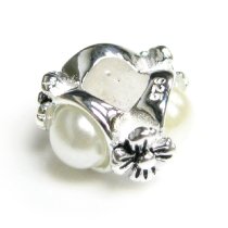 Sterling Silver Round FLOWER Bead w/ Pearl for European Charm Bracelets