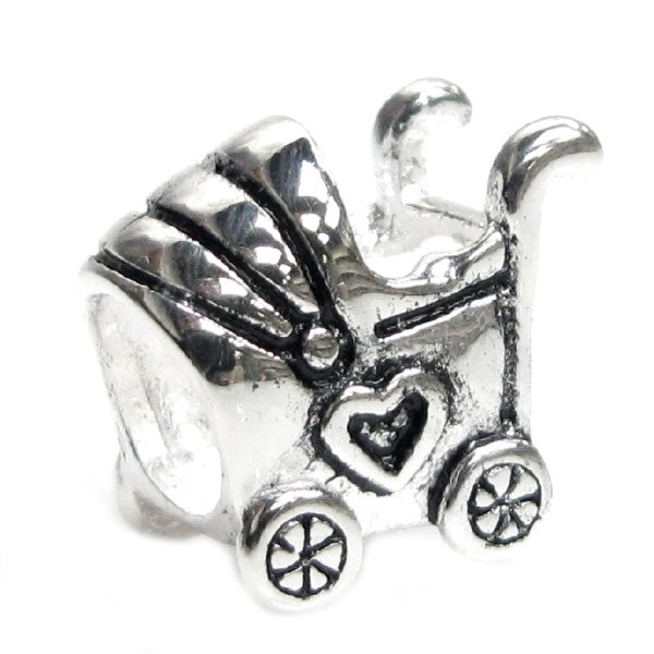 Sterling Silver HEART BABY CARRIAGE CART Bead for European Charm Bracelets